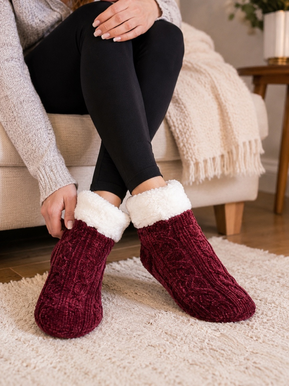 Britts Knits Burgundy Sherpa Lined Slipper Socks NWT One Size